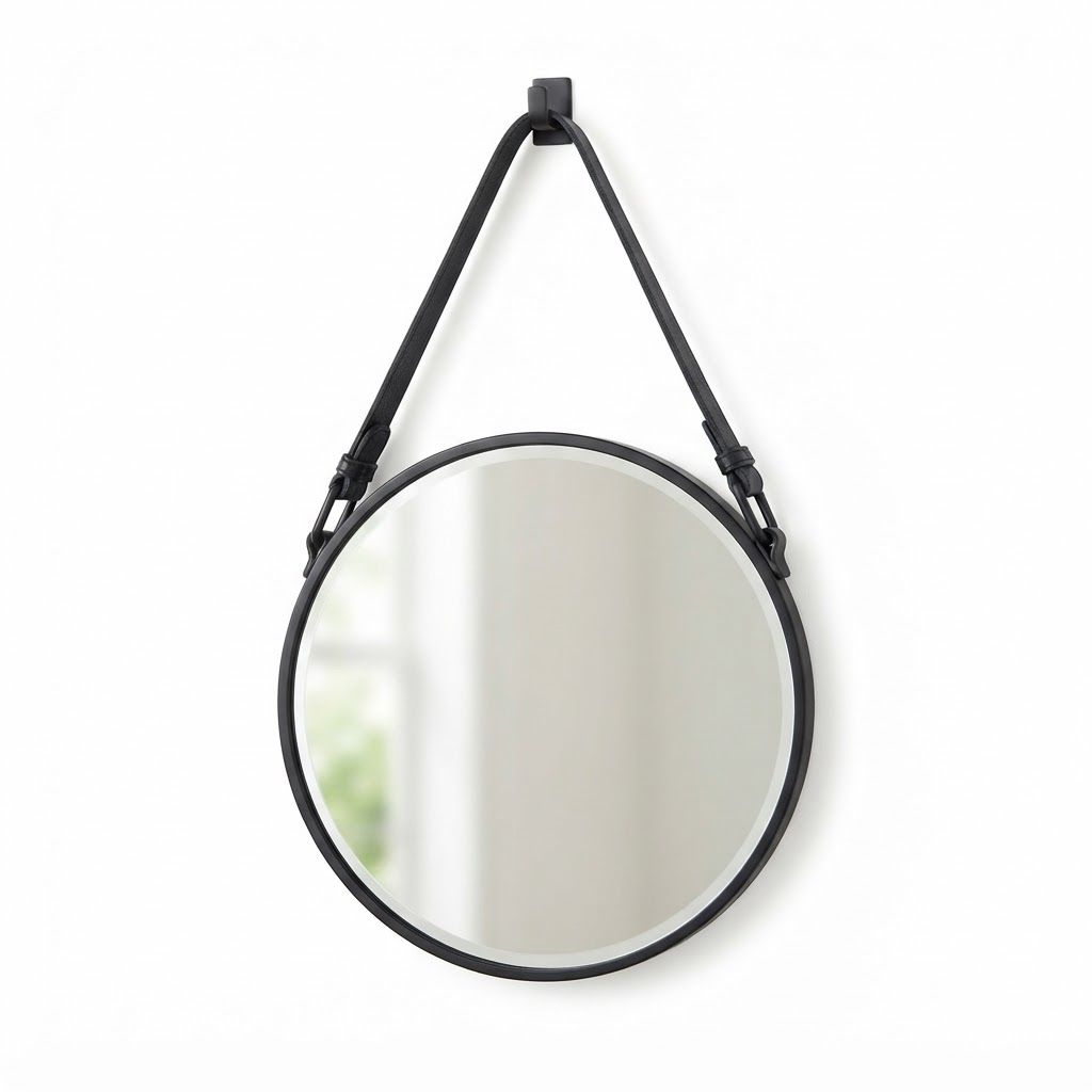 black leather strap wall mirror