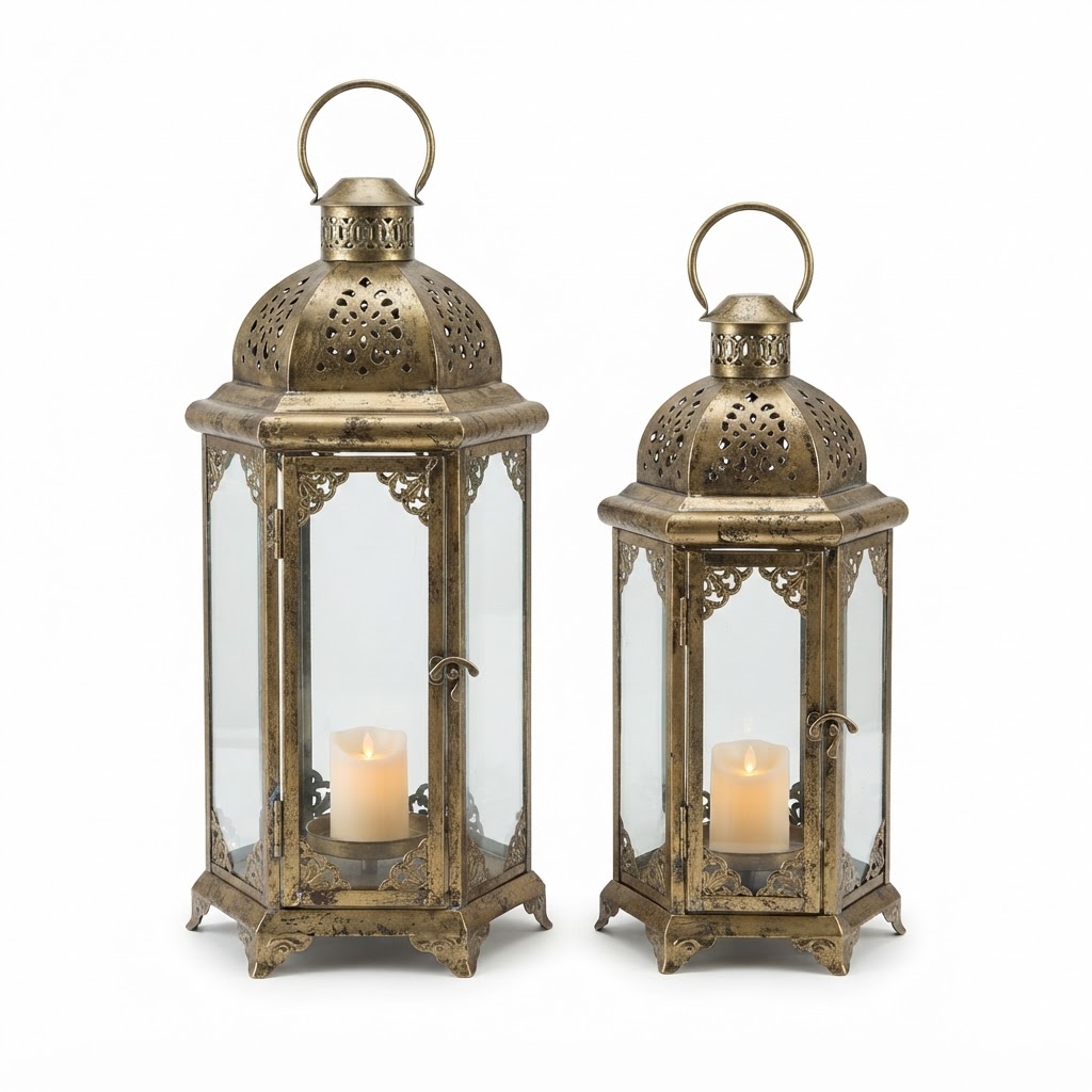 Distressed Brass Lantern Set