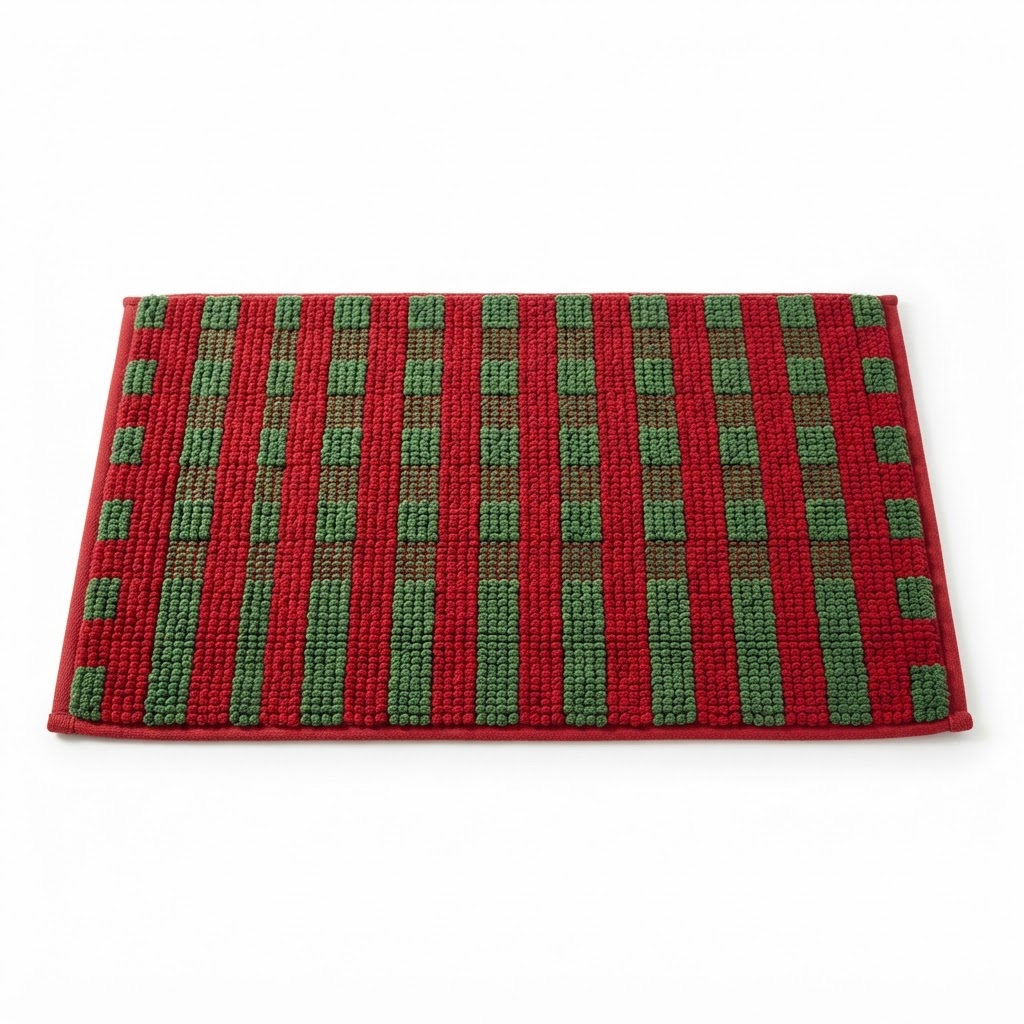 Red and Green Striped Cotton Bath Mat
