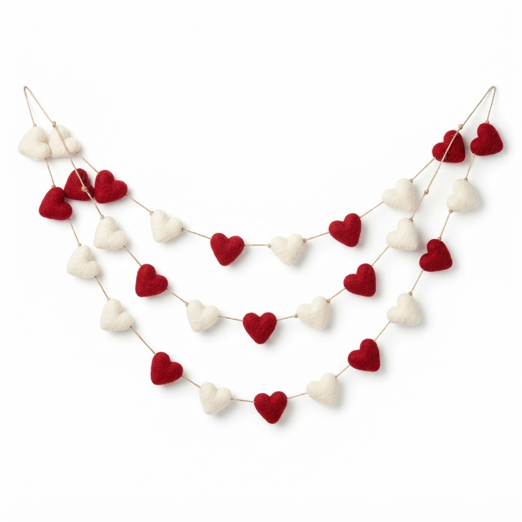 Whimsical Red and White Felt Heart Garland