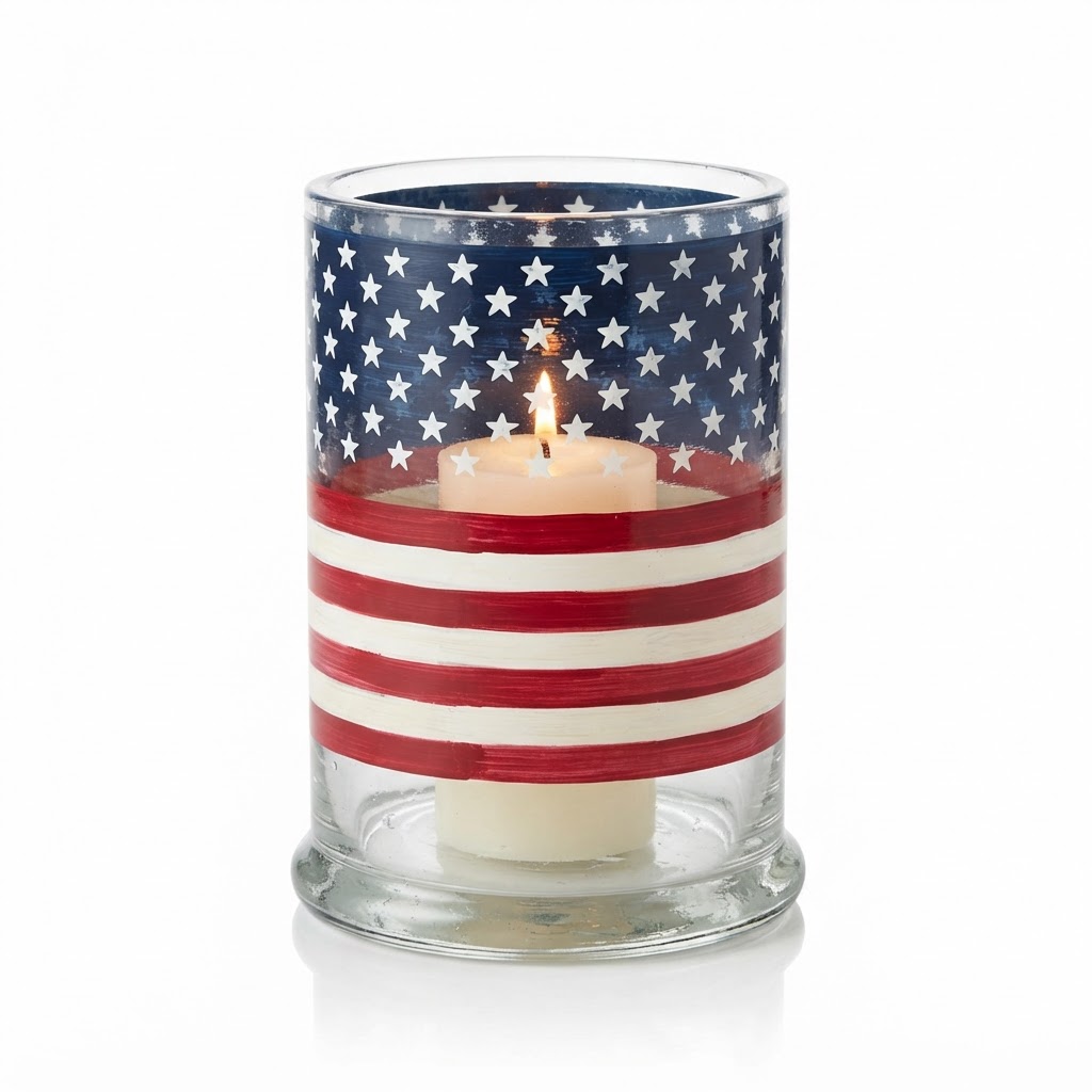 Independence Day Stars and Stripes Glass Hurricane Candle Holders