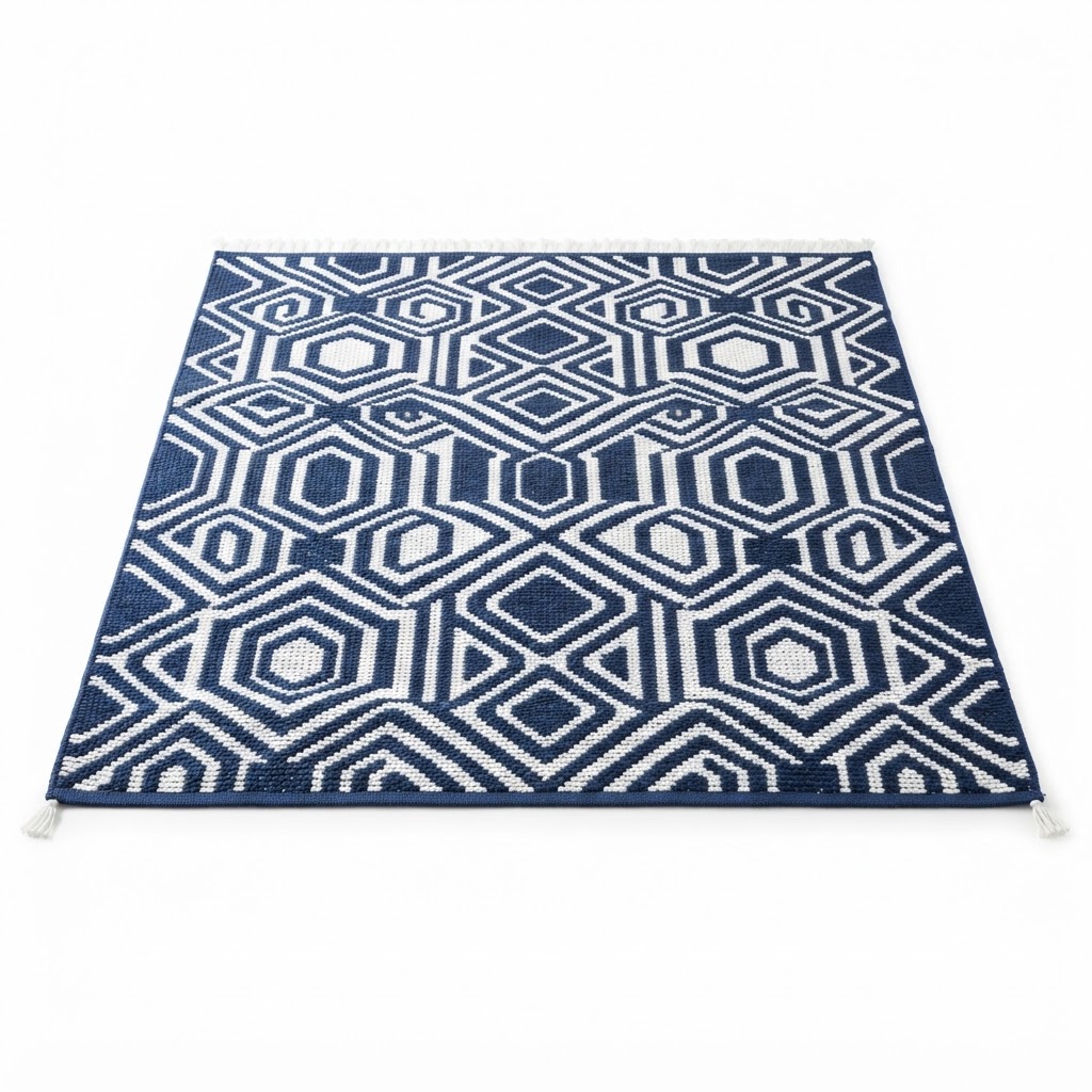 Navy and White Geometric Patterned Rug