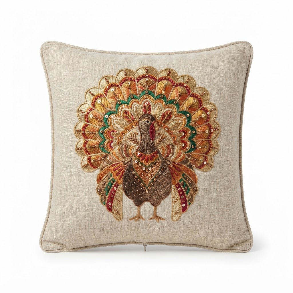 Festive embroidered turkey throw pillow