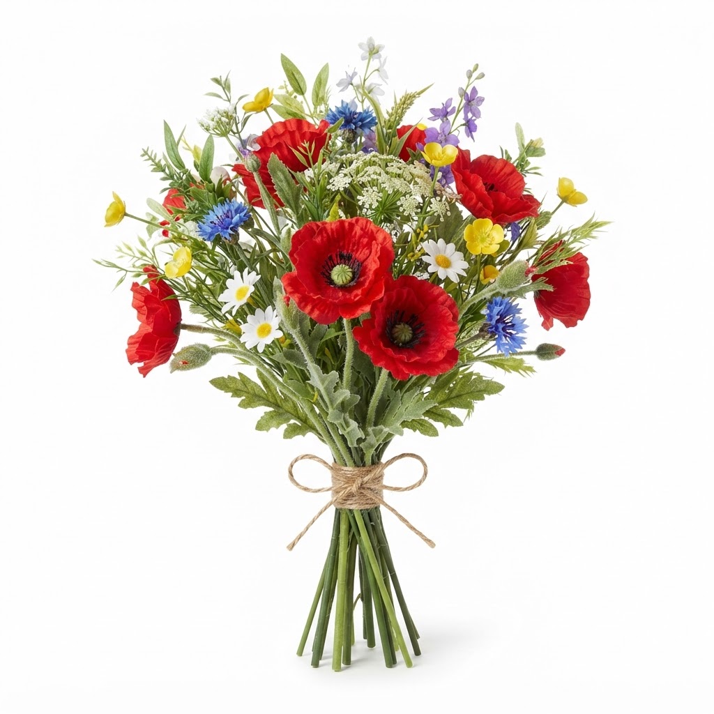 Artificial Red Poppy and Wildflower Bouquet