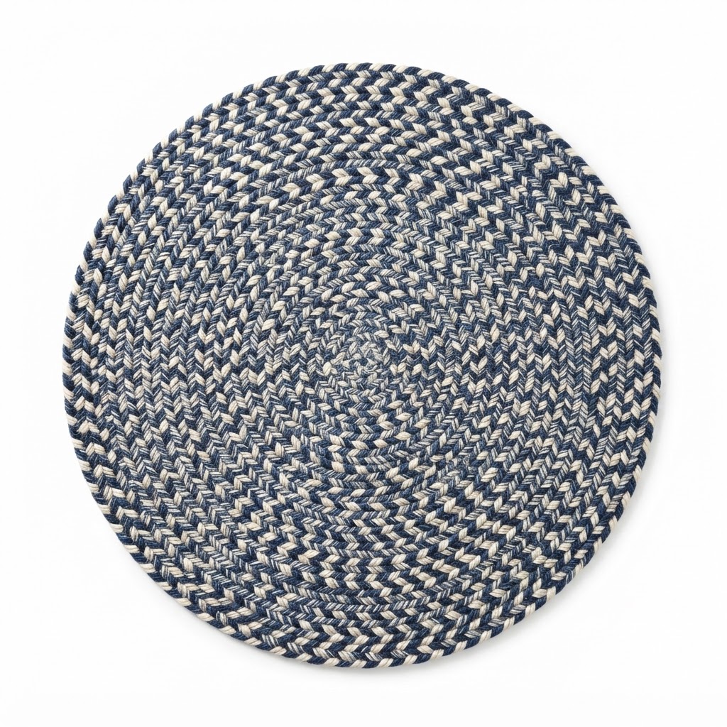 Braided Blue and Cream Round Rug