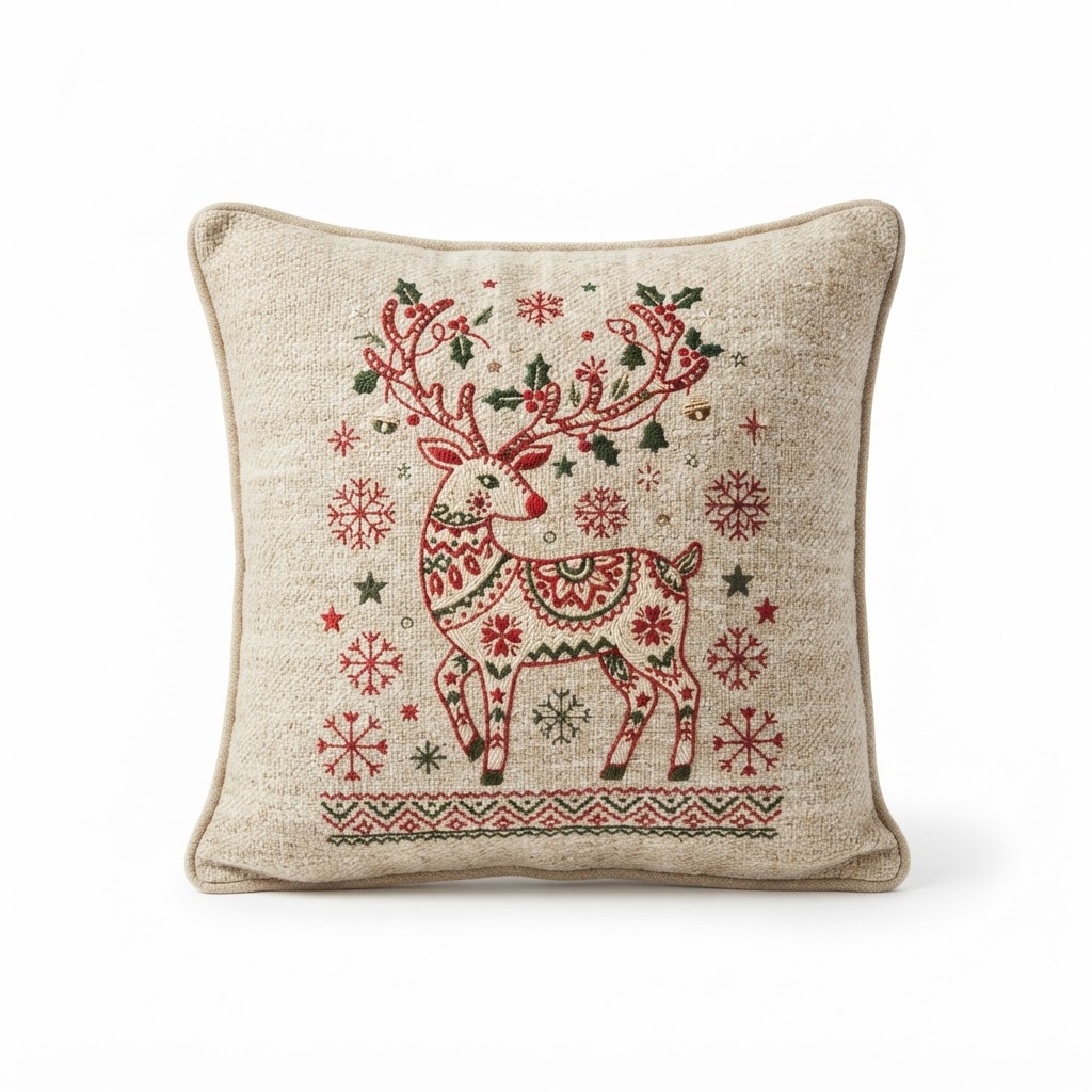 Christmas Reindeer Embroidered Accent Pillow