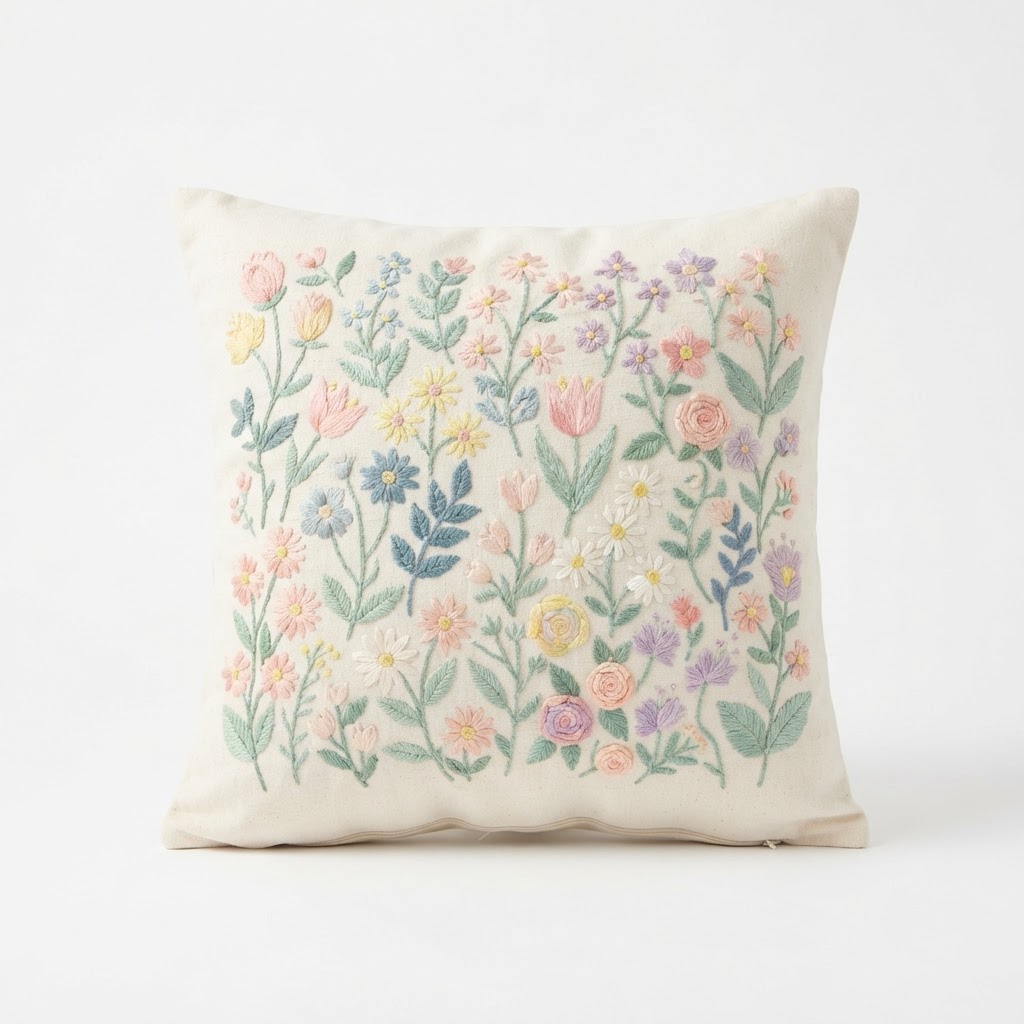 Floral Embroidered Pastel Throw Pillow