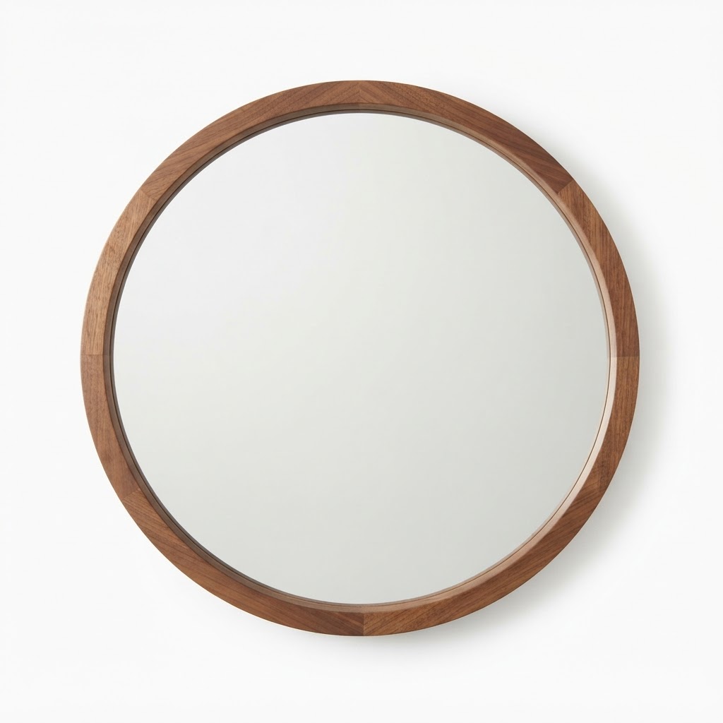 Round Walnut Framed Wall Mirror