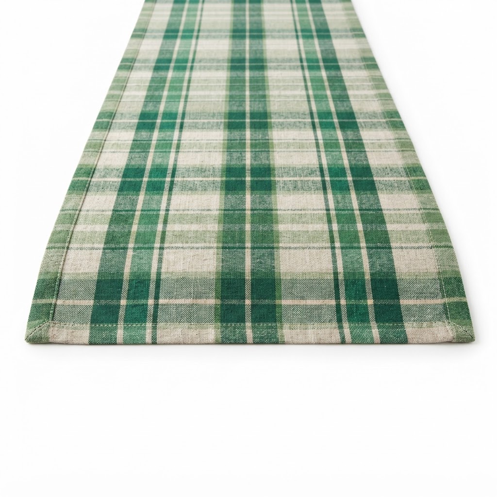 Green Plaid Linen Table Runner