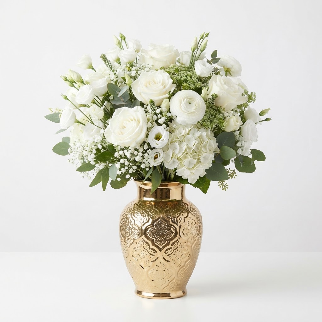 White Floral Arrangement with Gold Vase