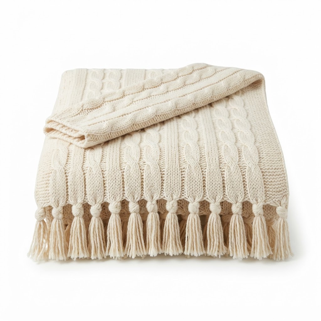 Cream Knit Tassel Throw