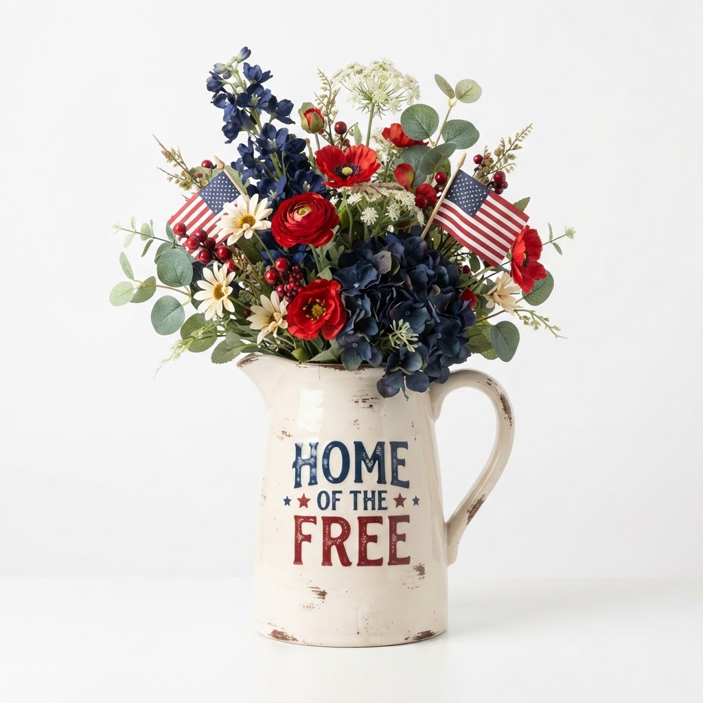Ceramic Pitcher with Faux Floral Arrangement