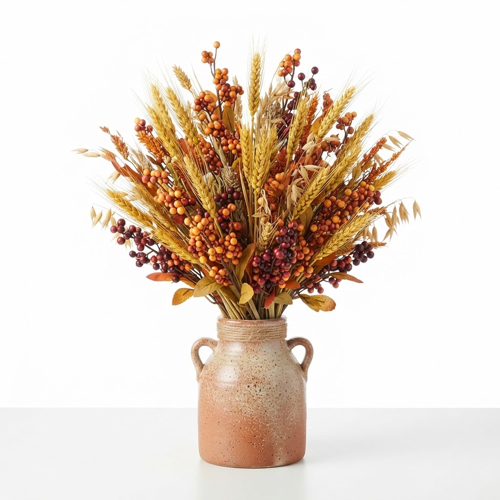 Faux Autumn Wheat and Berry Floral Arrangement