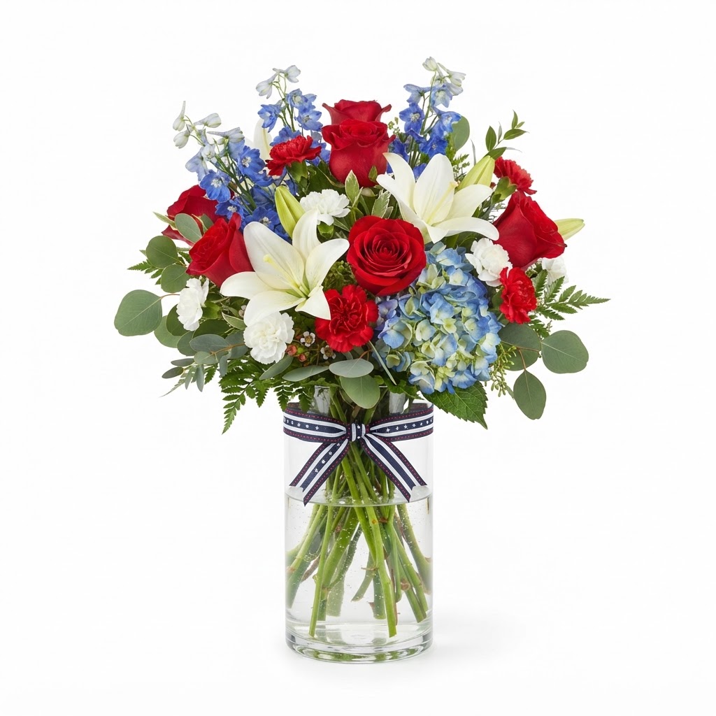 Glass Vase with Patriotic Floral Arrangement