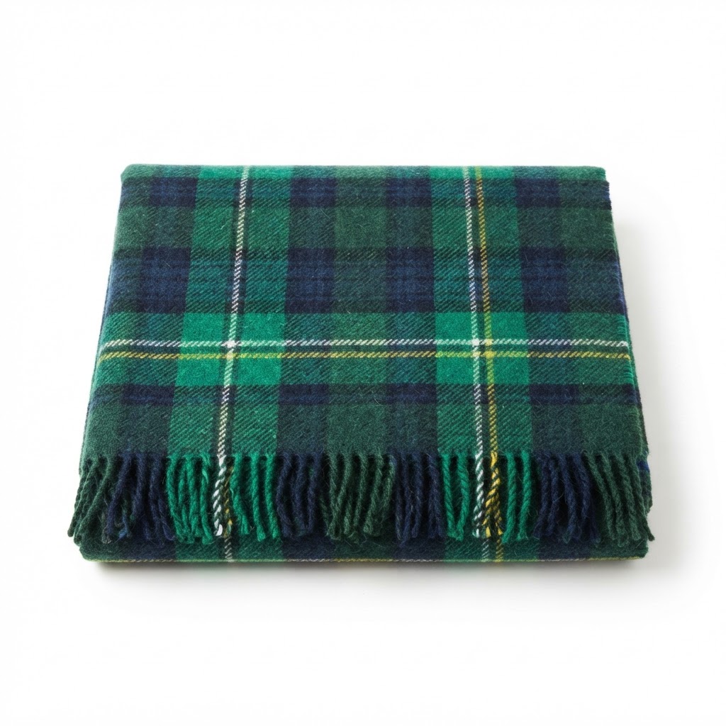 green tartan woven wool throw blanket