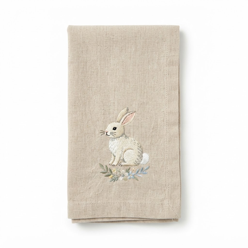 Linen Bunny Embroidered Hand Towel