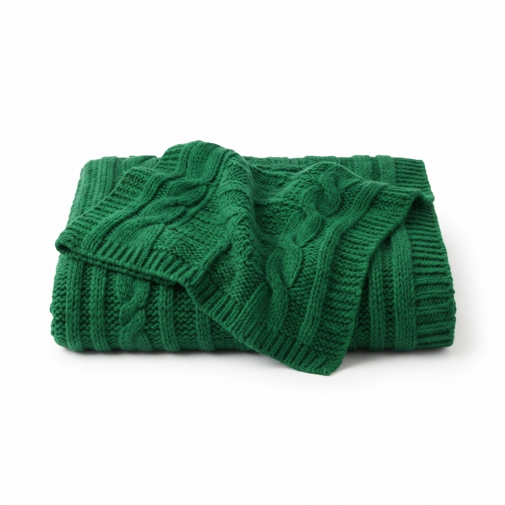 Green Knitted Wool Throw Blanket
