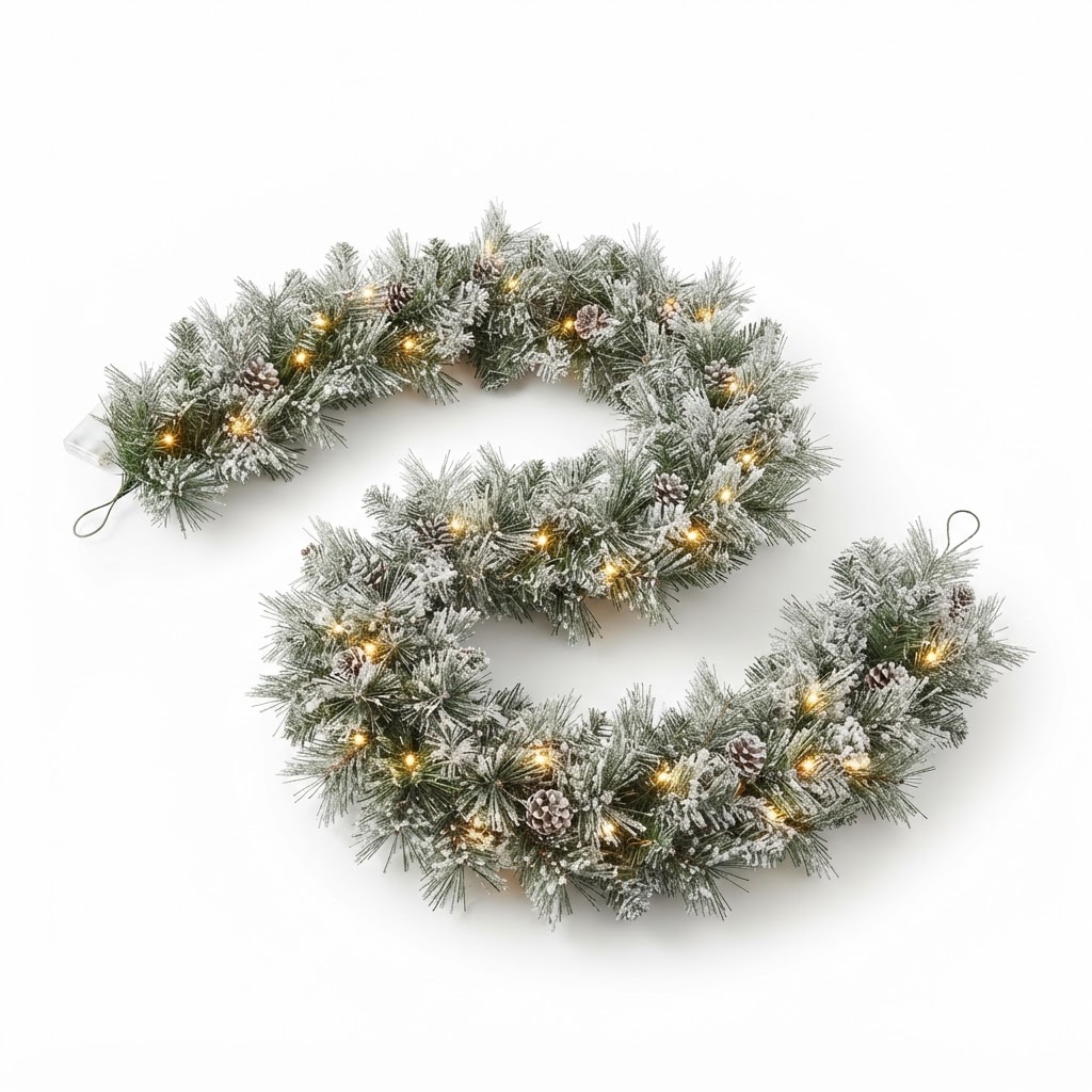 Frosted Christmas Pine Garland with Lights