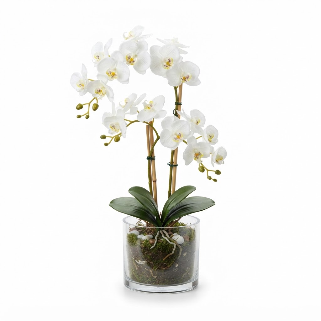 Faux White Orchid in Glass Pot