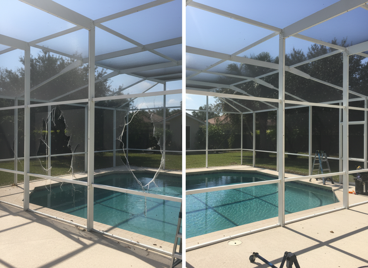 Pool cage rescreening before and after in Deltona, FL