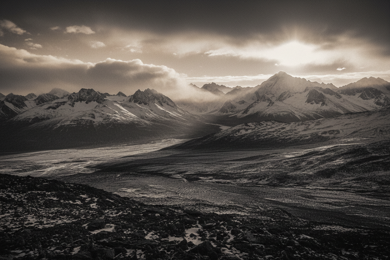 Vast mountain landscape disappearing into misty clouds