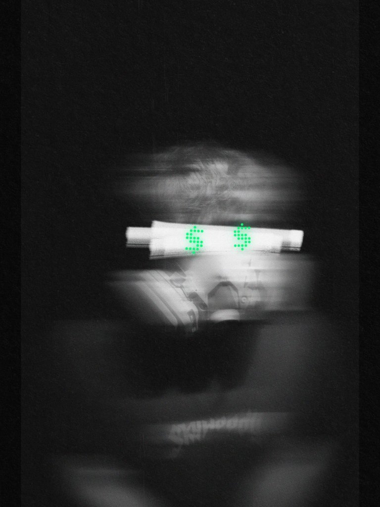 Masked figure with dollar-sign eyes