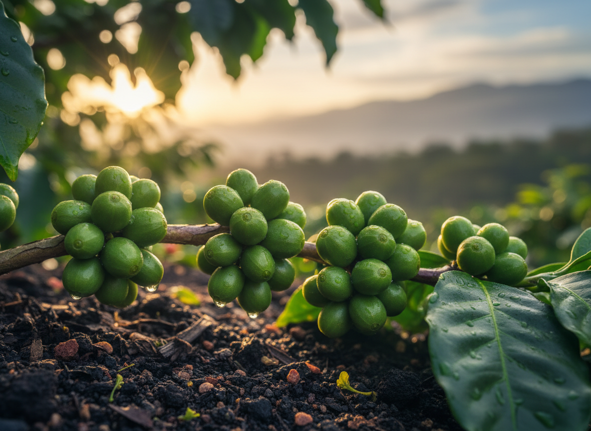 Premium Geisha coffee cherries on volcanic soil