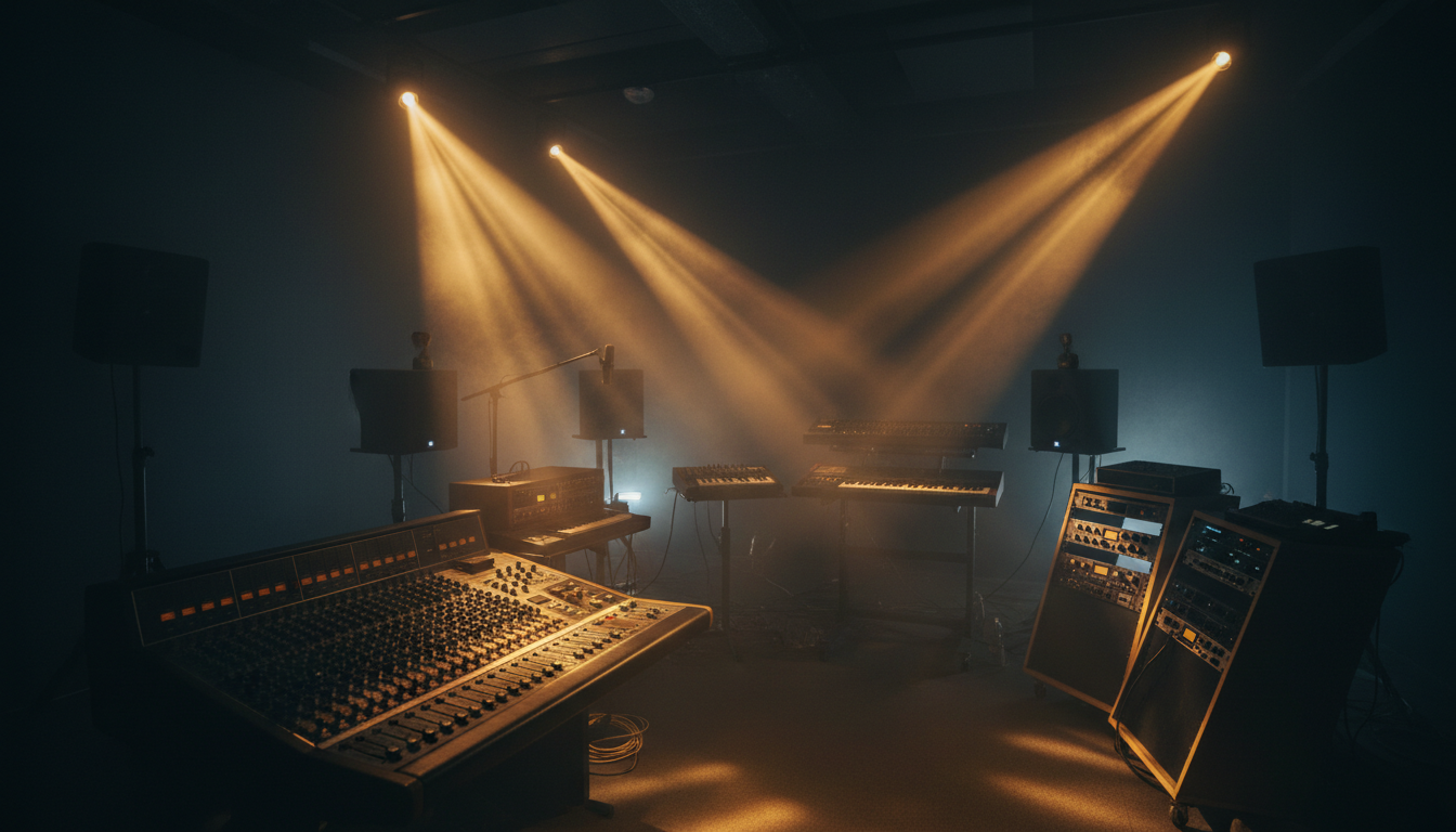 Music studio with golden lighting