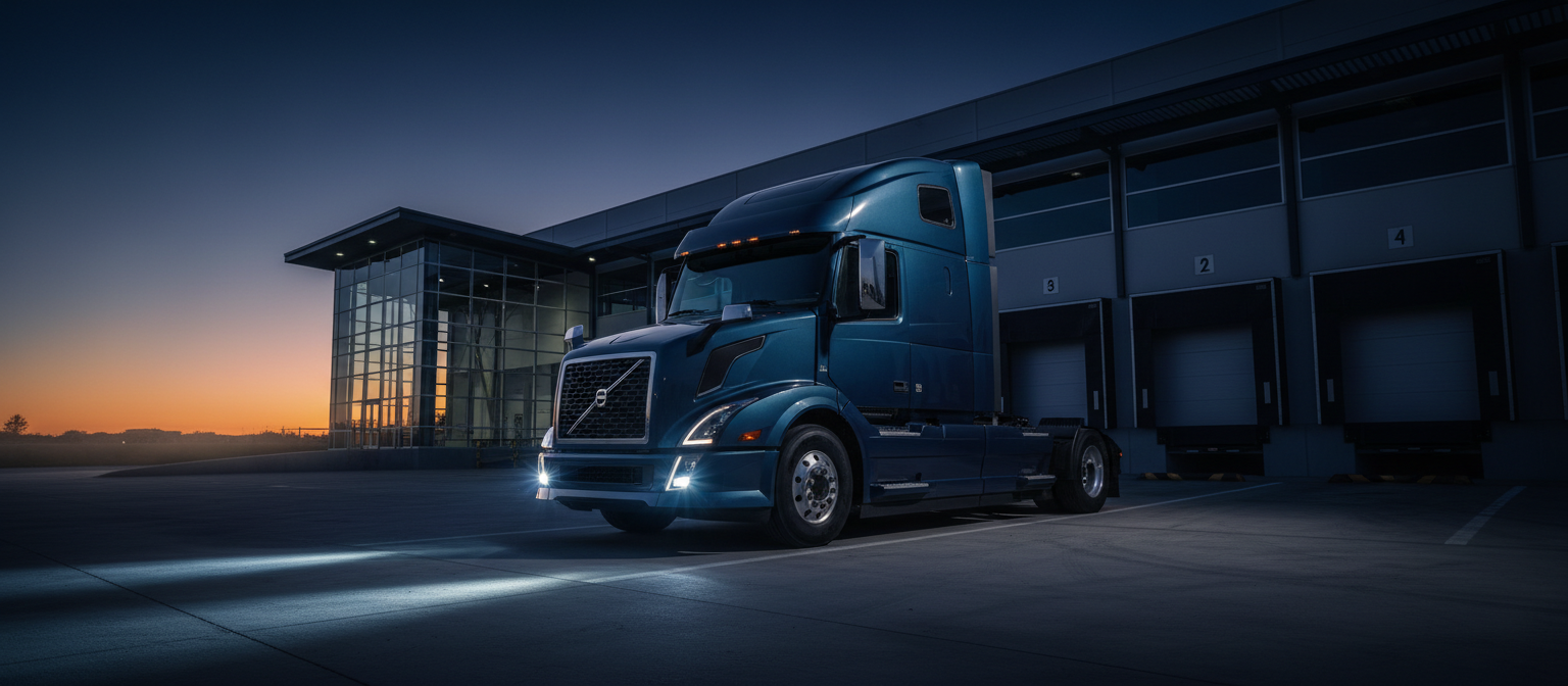 Modern Volvo semi-truck at dusk warehouse