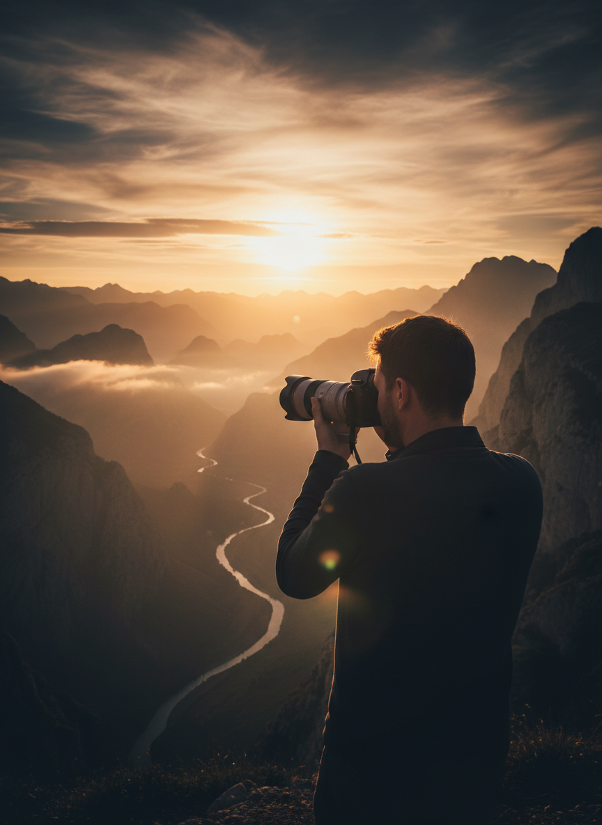 Photographer silhouetted against a dramatic landscape at golden hour