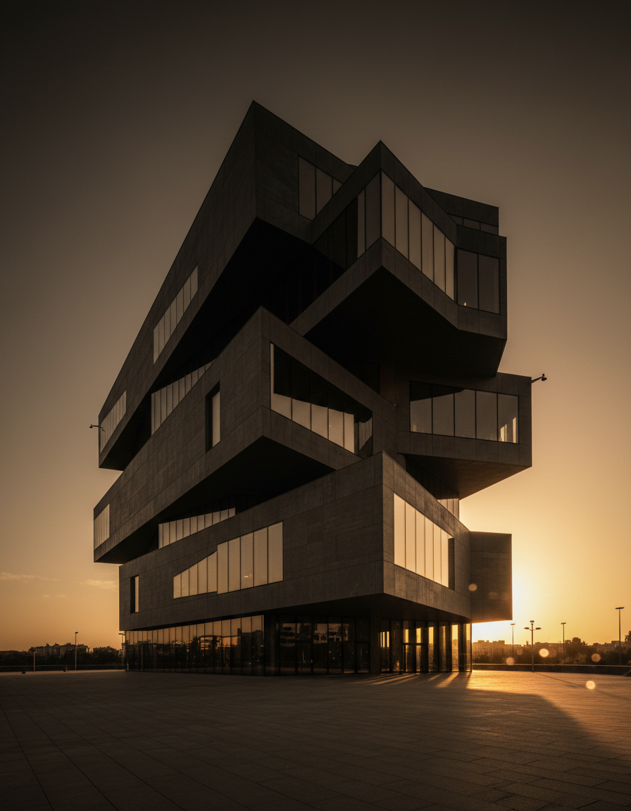Modern architectural photograph with strong geometric lines and dramatic shadows