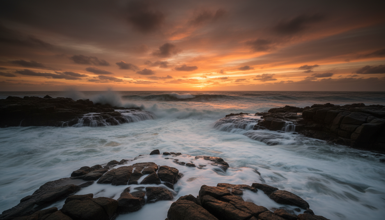 Ocean waves crashing against dark rocks at sunset with silky water effect