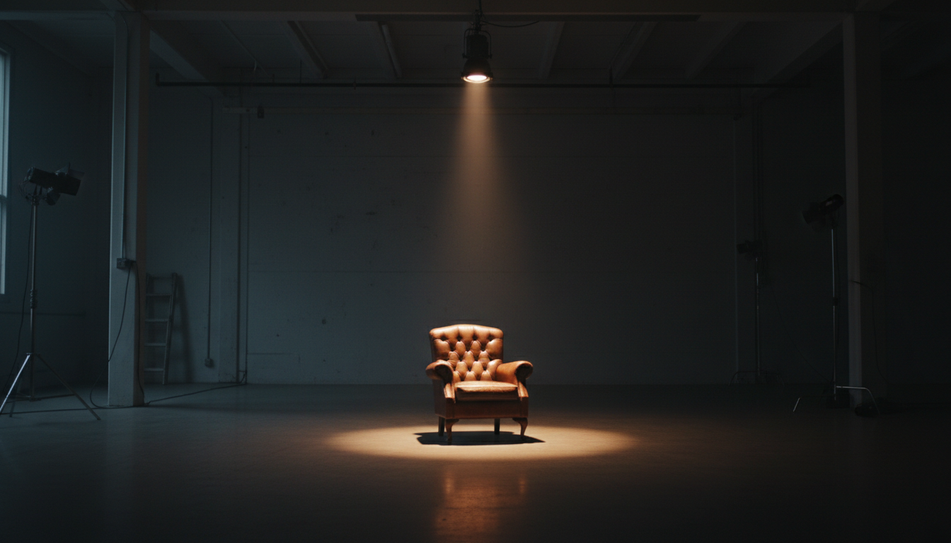 Empty studio with dramatic spotlight evoking an intimate conversation