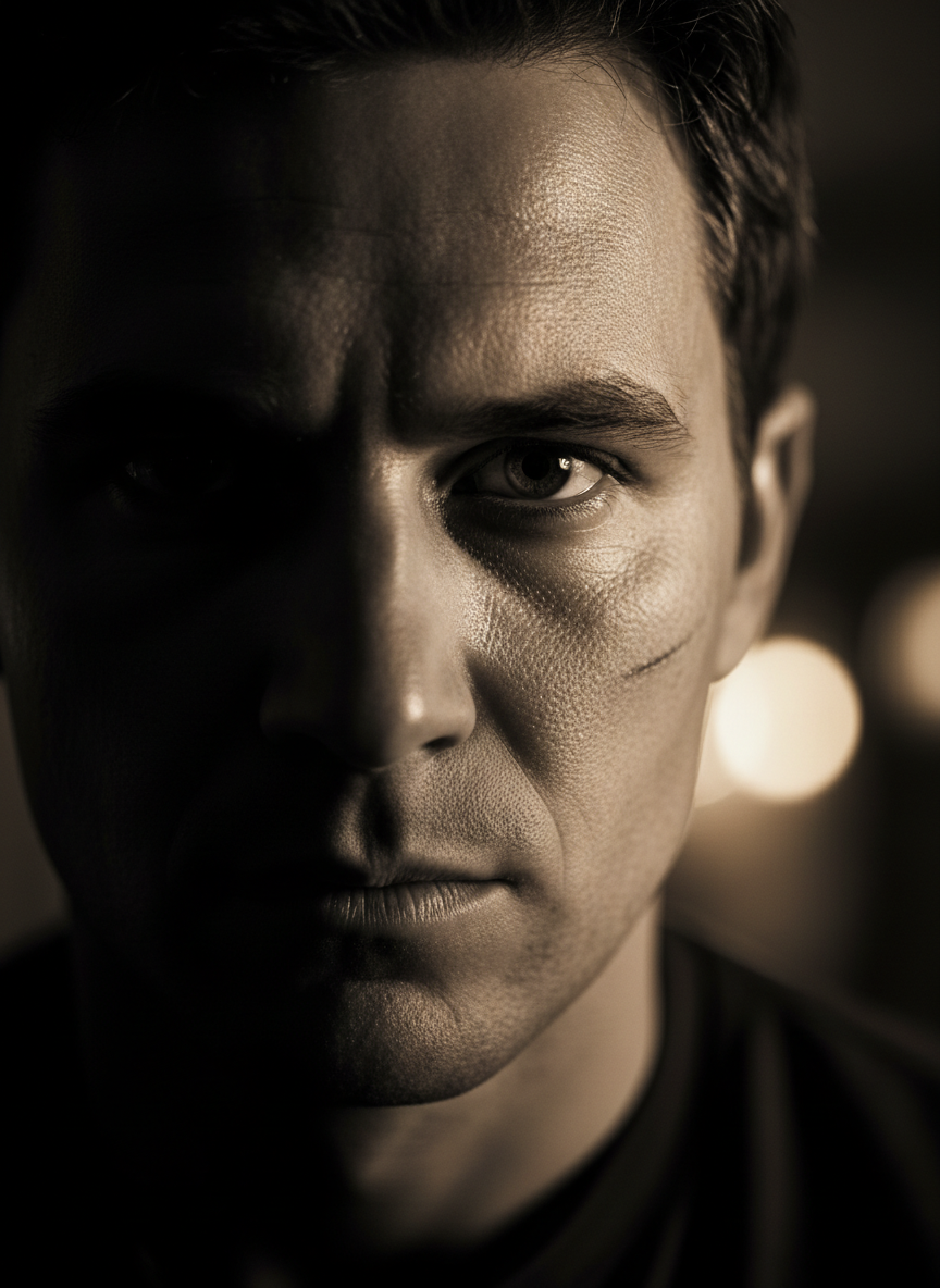 Dramatic side-lit portrait with deep chiaroscuro shadows