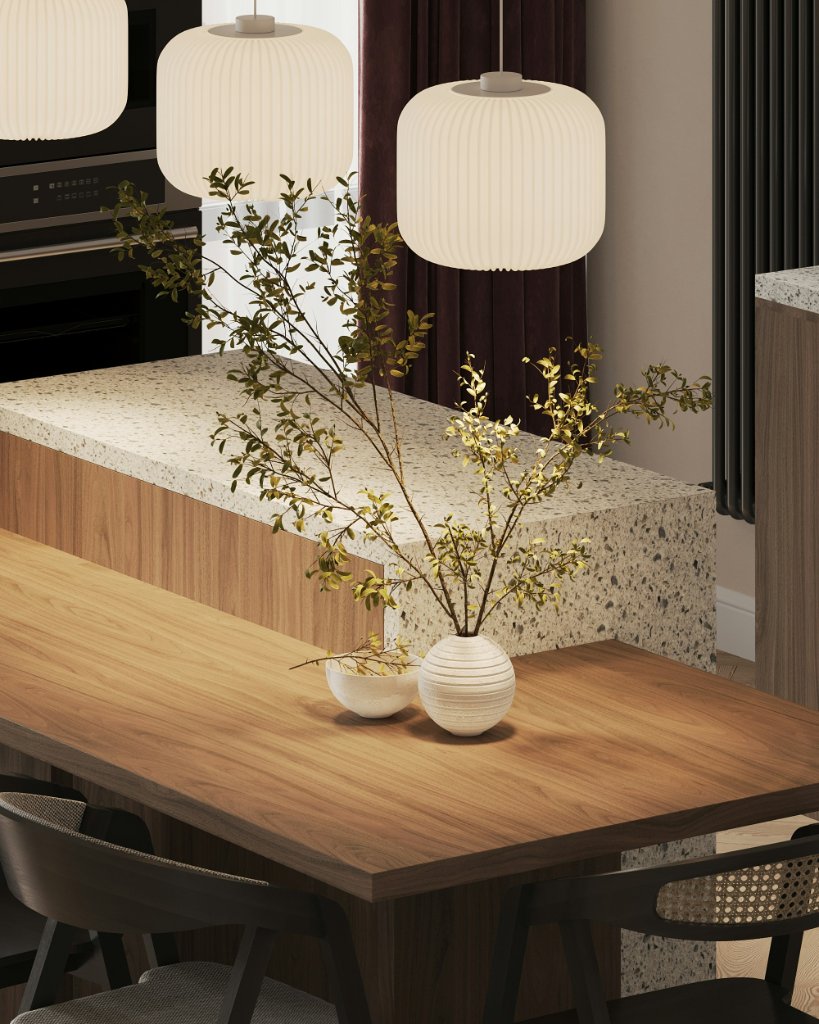 Styled interior with dining table and pendant lights