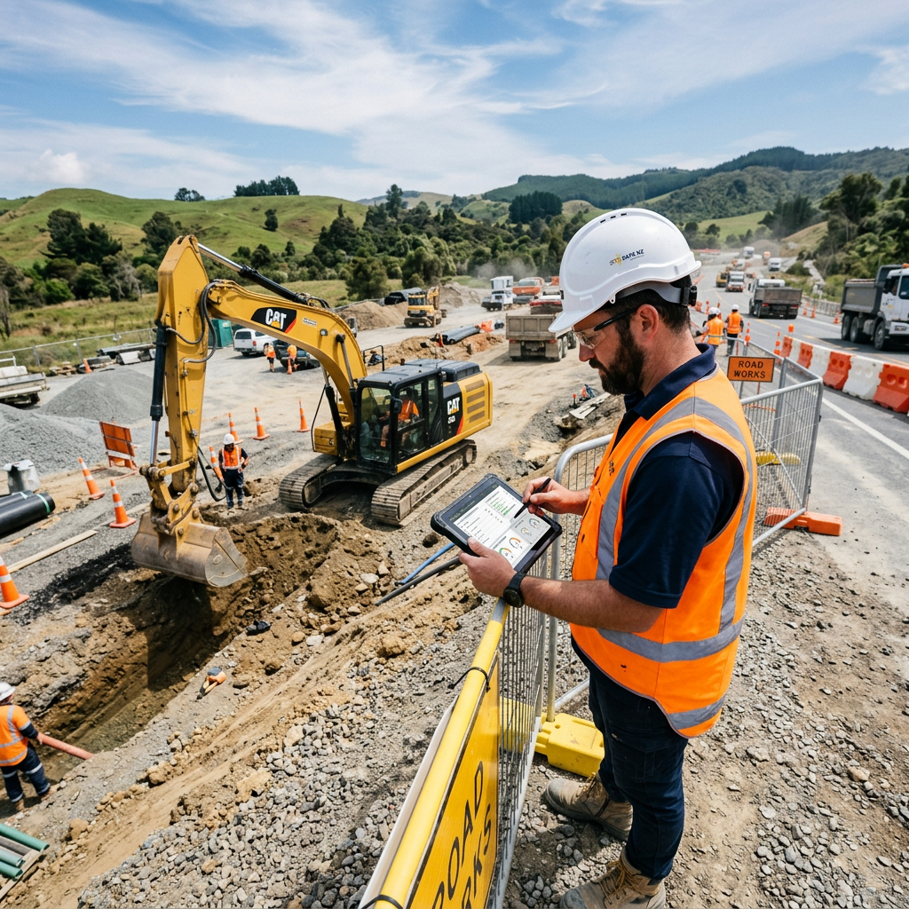 Site supervisor using SiteMate digital compliance platform on active civil construction site
