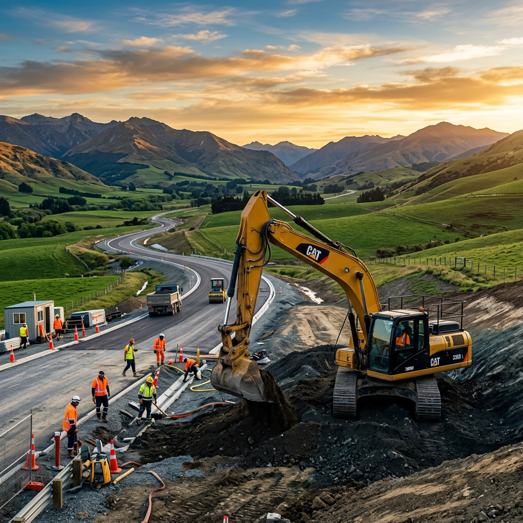 Civil construction road project at golden hour, New Zealand
