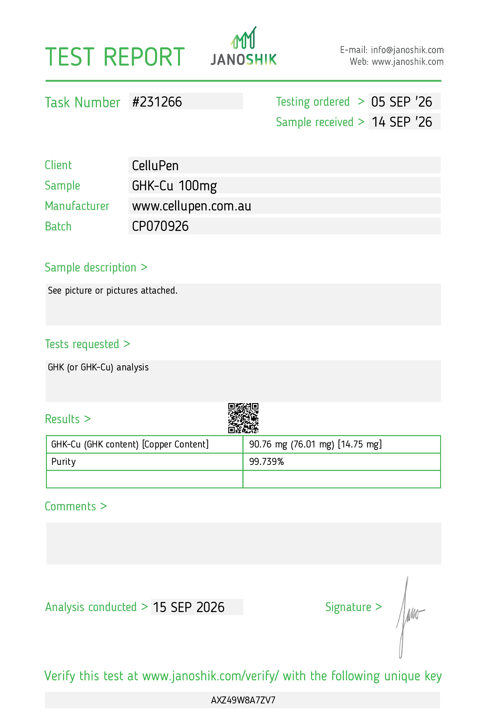 Test certificate for GHK-Cu 100mg