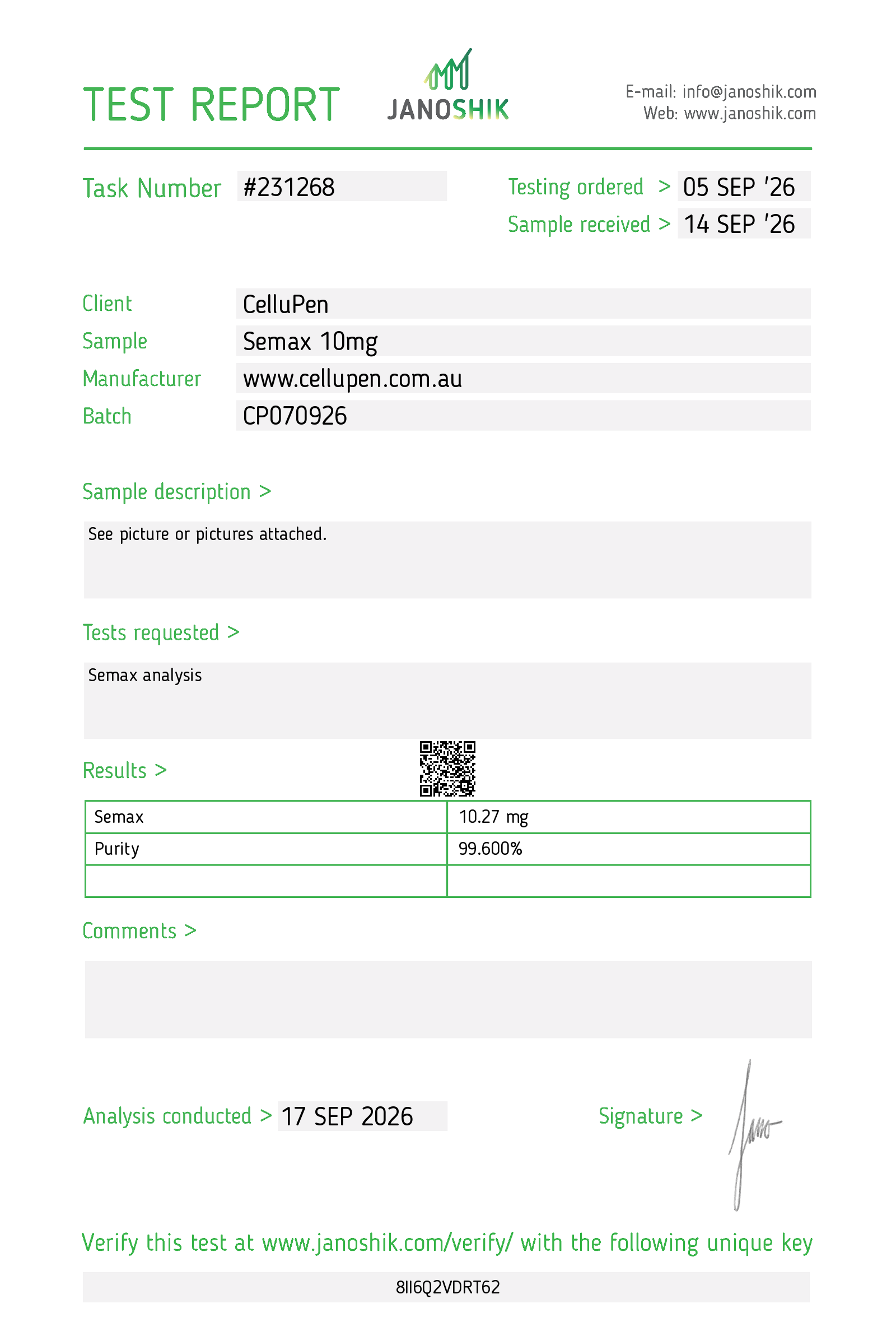 Test certificate for Semax 10mg