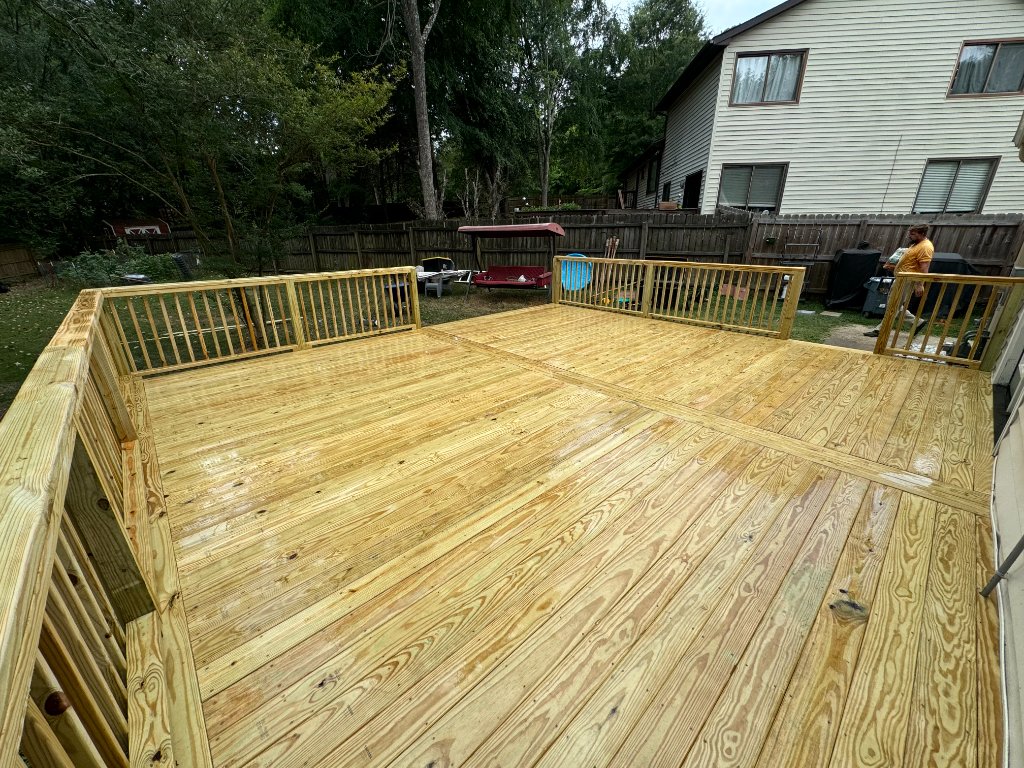 Large flat wood deck with diagonal pattern