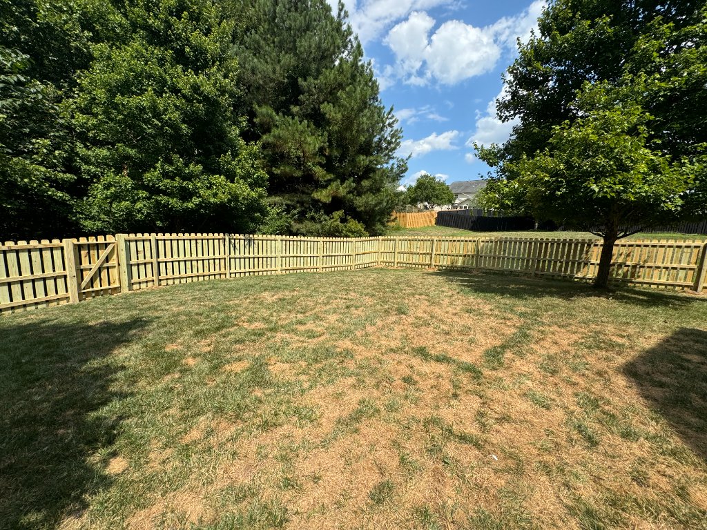 Spaced picket fence with gate in summer yard