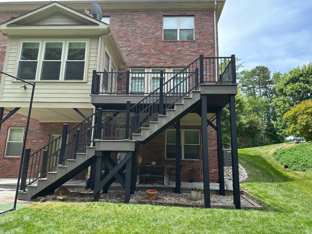 Multi-level composite deck with black railing