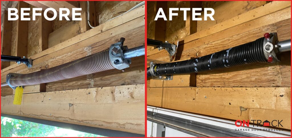 Technician repairing a garage door spring