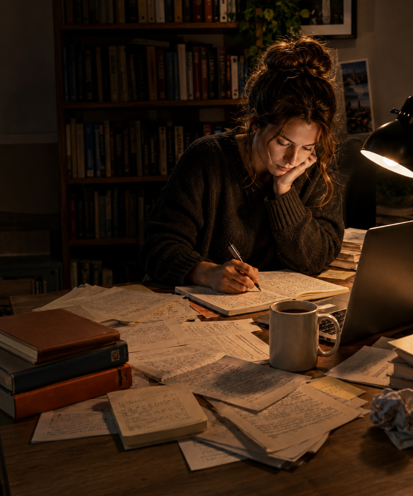 A writer at a warm, dimly lit desk working on a manuscript