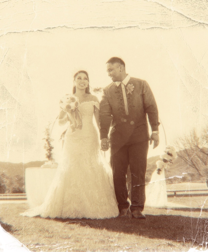 Couple walking after ceremony vintage