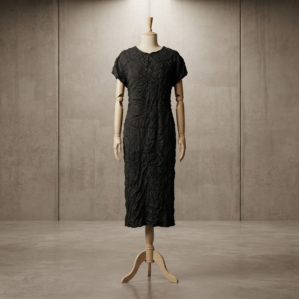  Vintage Black Crinkled Fortuny-Pleated Shift Dress