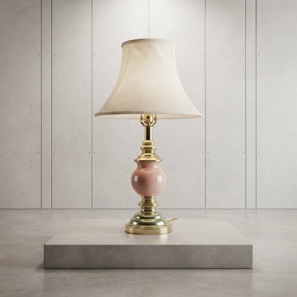 1980s Hollywood Regency Style Brass/Pink Lamp 