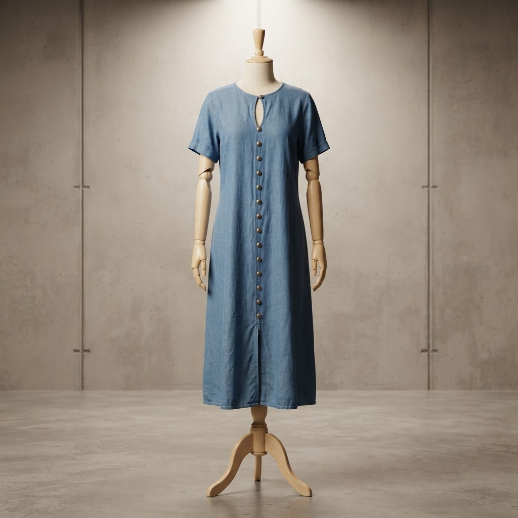 Vintage Halmode Plus Button-Front Denim Midi Dress