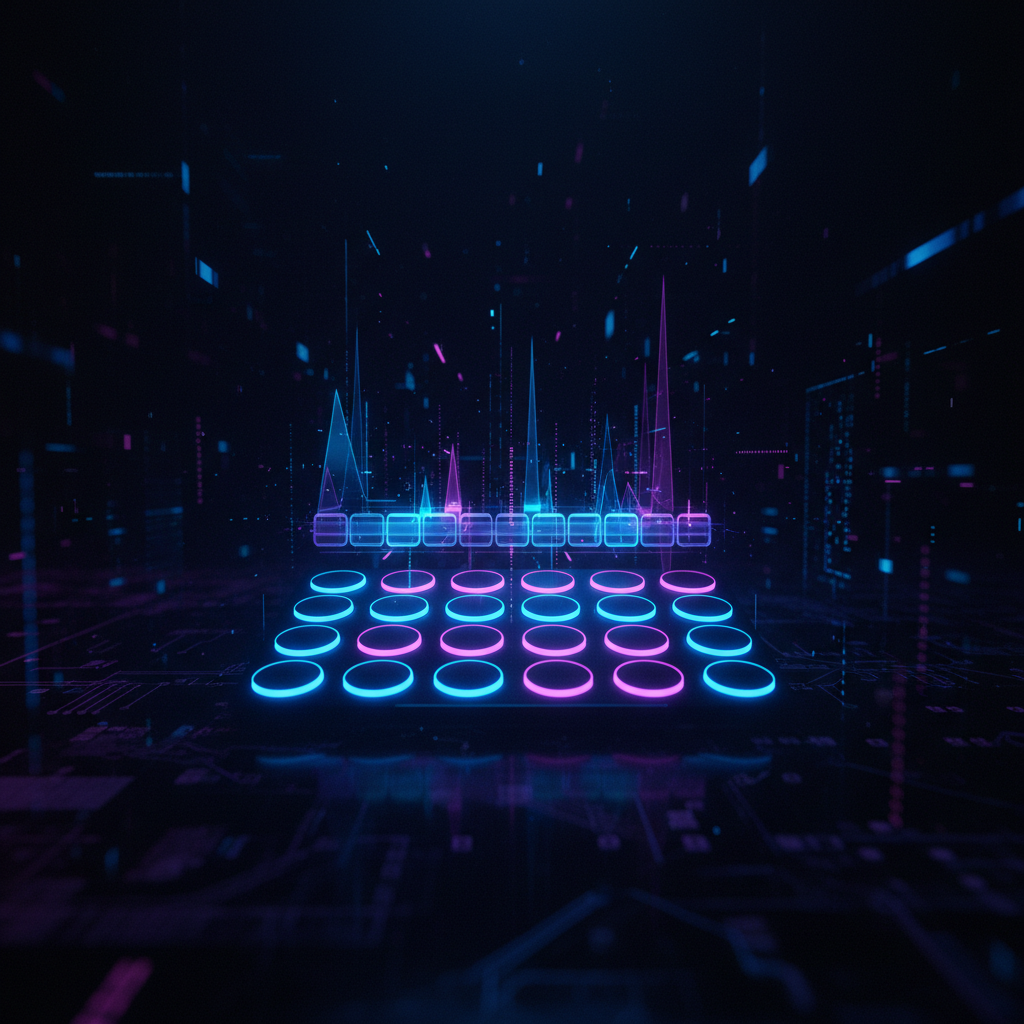 Futuristic glowing beat sequencer pads in dark studio atmosphere — Beat Lab