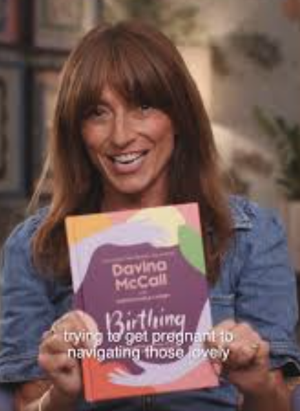 Davina McCall holding her Birthing book — watch the announcement on Instagram